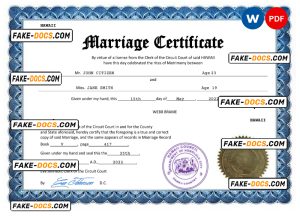 Hawaii marriage certificate Word and PDF template, fully editable