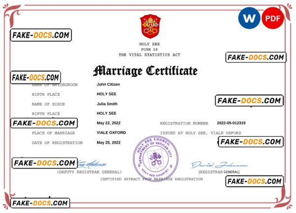 Holy See marriage certificate Word and PDF template, completely editable