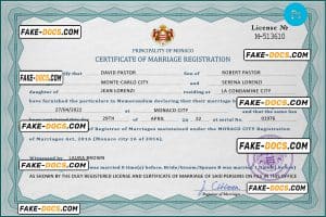 Monaco marriage certificate PSD template, completely editable