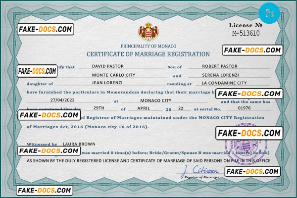 Monaco marriage certificate PSD template, completely editable