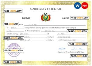 Bolivia marriage certificate Word and PDF template, completely editable