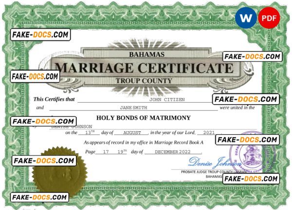 Bahamas marriage certificate Word and PDF template, completely editable