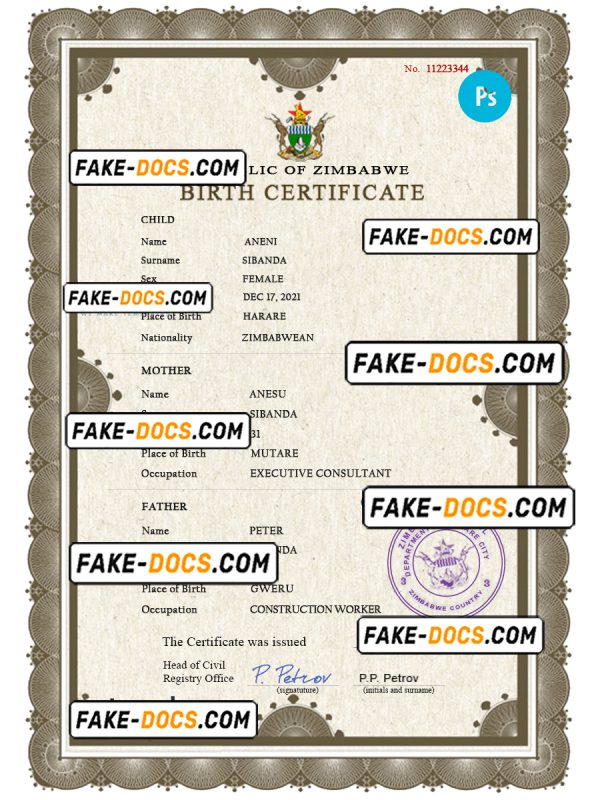 Zimbabwe vital record birth certificate PSD template