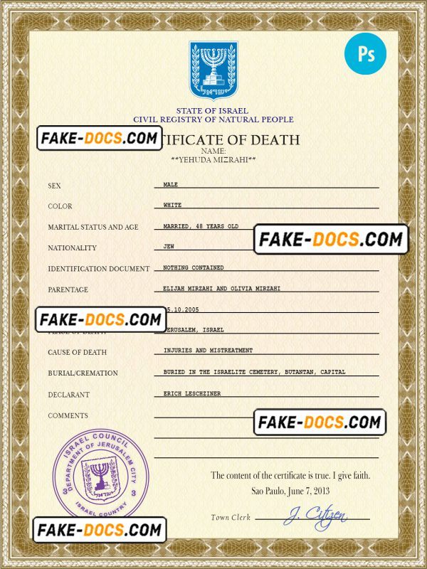 Israel death certificate PSD template, completely editable