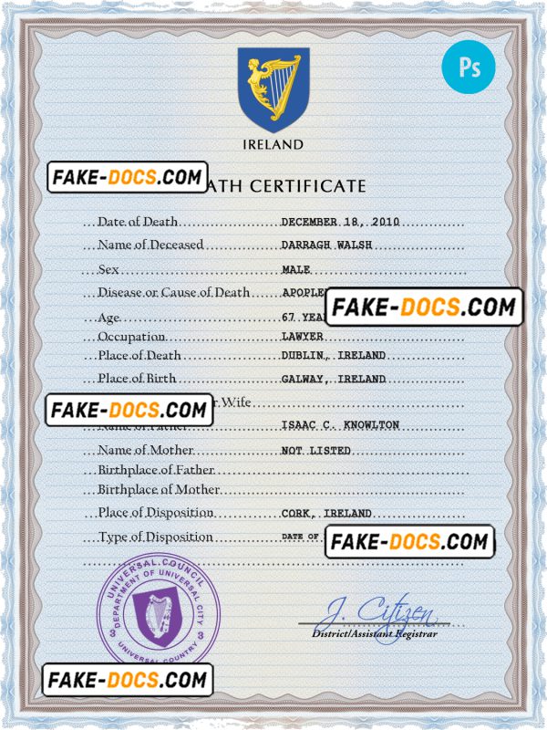 Ireland vital record death certificate PSD template, completely editable