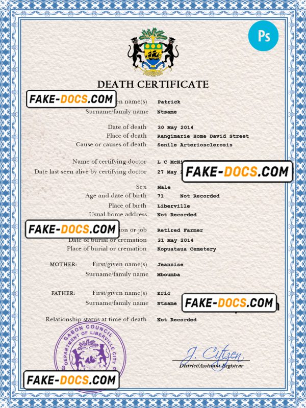 Gabon vital record death certificate PSD template