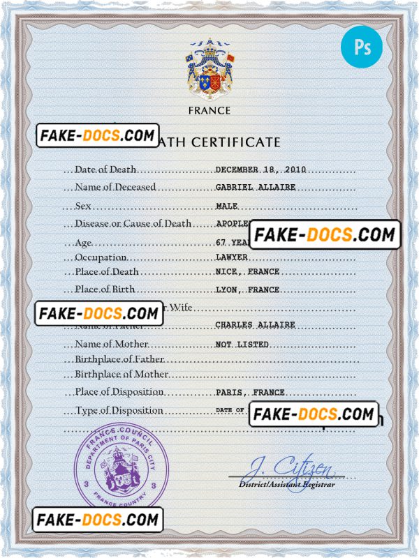 France vital record death certificate PSD template, completely editable
