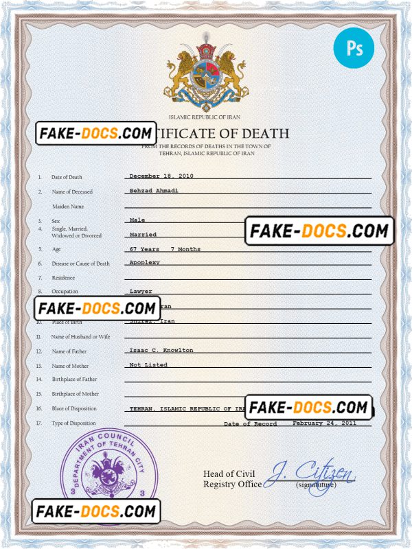 Iran death certificate PSD template, completely editable