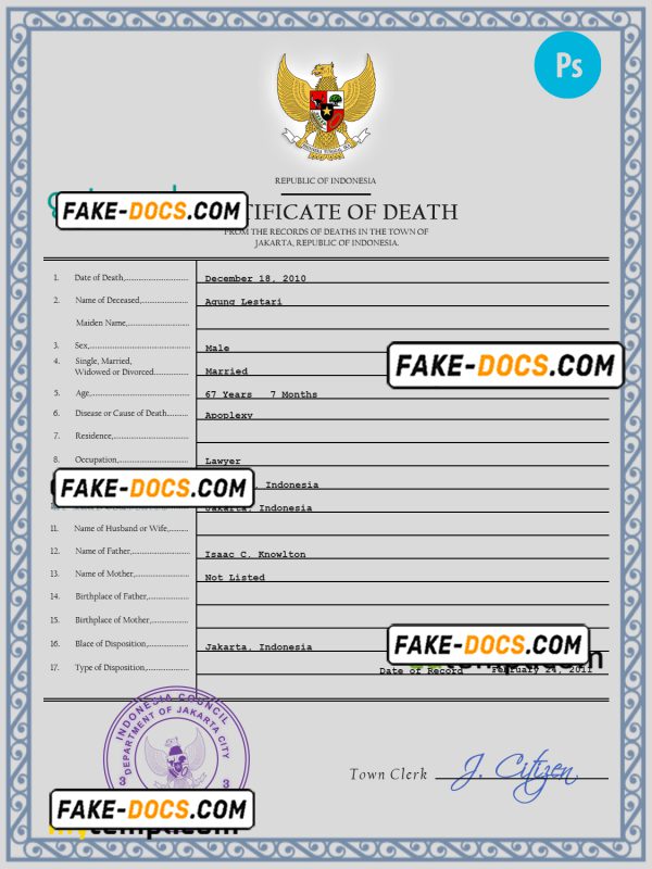 Indonesia vital record death certificate PSD template, fully editable