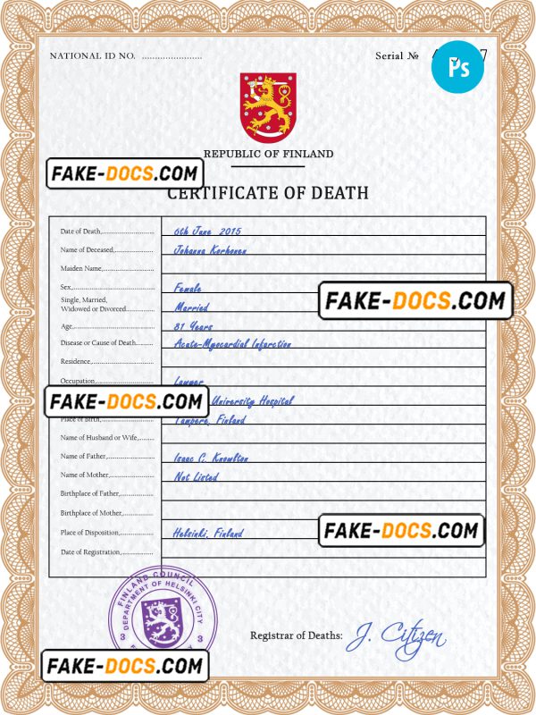Finland death certificate PSD template, completely editable