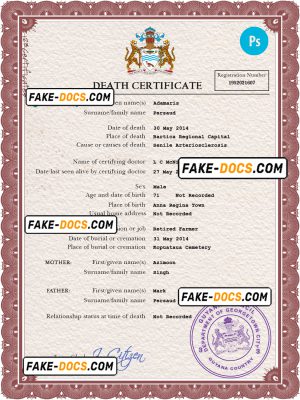 Guyana vital record death certificate PSD template