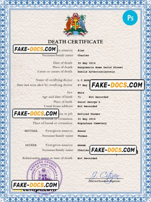Grenada death certificate PSD template, completely editable