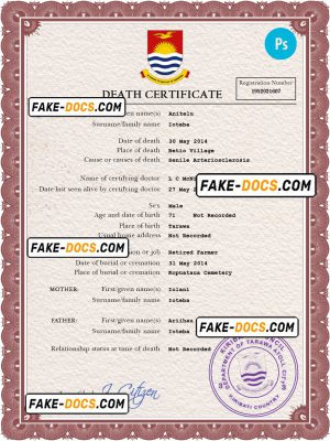 Kiribati death certificate PSD template, completely editable