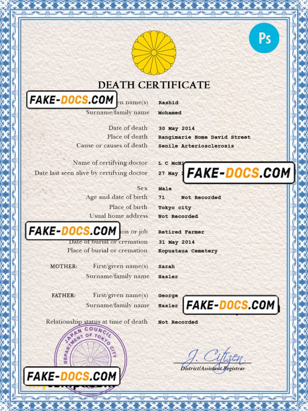 Japan vital record death certificate PSD template