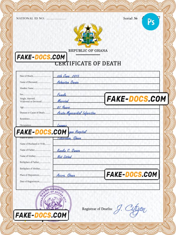 Ghana vital record death certificate PSD template, completely editable