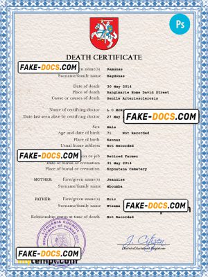 Lithuania death certificate PSD template, completely editable