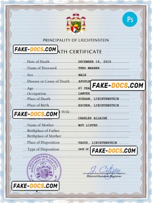 Liechtenstein vital record death certificate PSD template