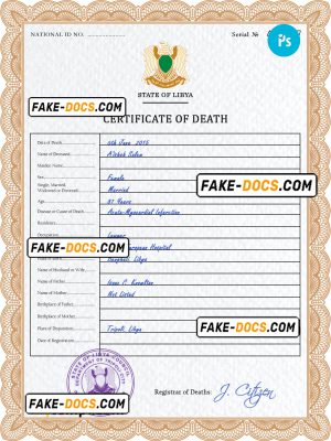 Libya vital record death certificate PSD template, fully editable