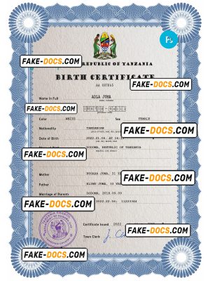 Tanzania birth certificate PSD template, completely editable