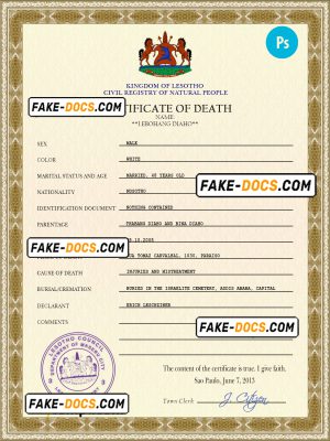 Lesotho vital record death certificate PSD template