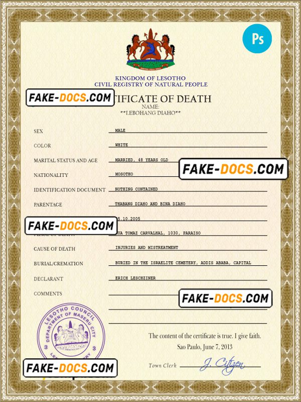 Lesotho vital record death certificate PSD template