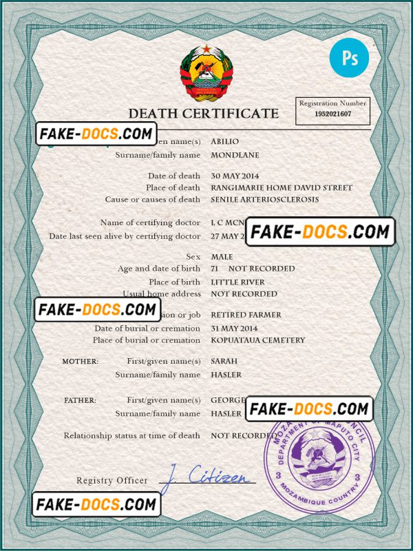 Mozambique vital record death certificate PSD template