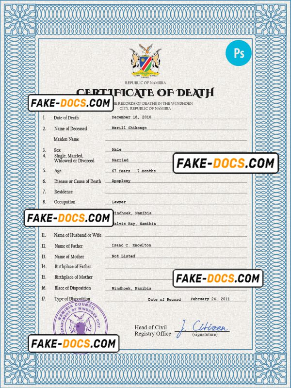 Namibia vital record death certificate PSD template