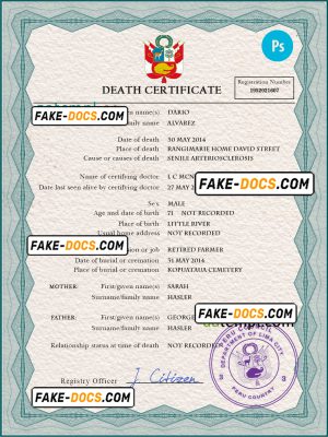 Peru death certificate PSD template, completely editable