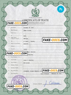 Pakistan vital record death certificate PSD template