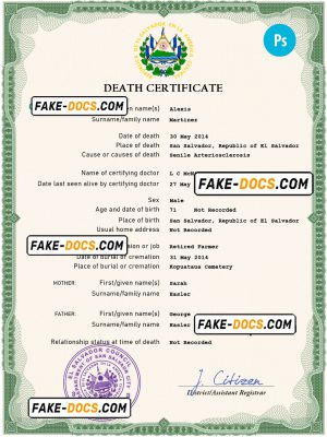 Salvador vital record death certificate PSD template, completely editable