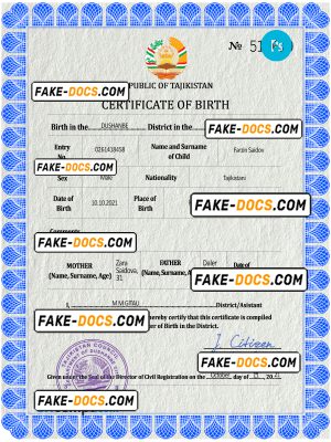 Tajikistan vital record birth certificate PSD template