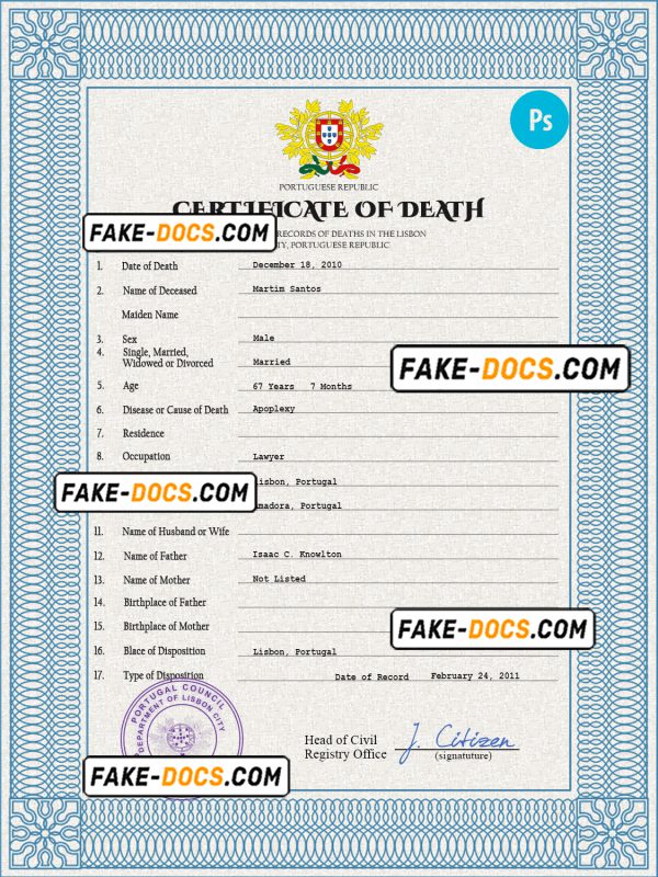 Portugal death certificate PSD template, completely editable