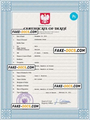 Poland vital record death certificate PSD template, fully editable