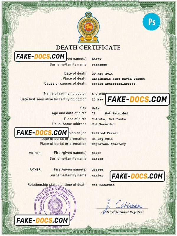Sri Lanka vital record death certificate PSD template