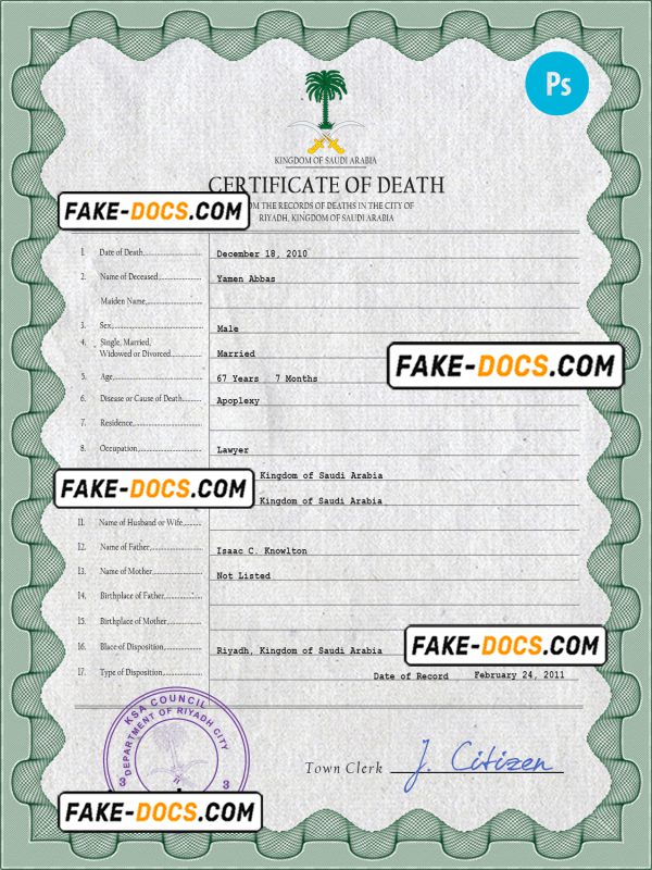 Saudi Arabia death certificate PSD template, completely editable