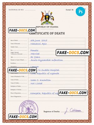 Uganda vital record death certificate PSD template, fully editable