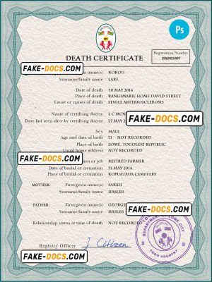 Togo death certificate PSD template, completely editable