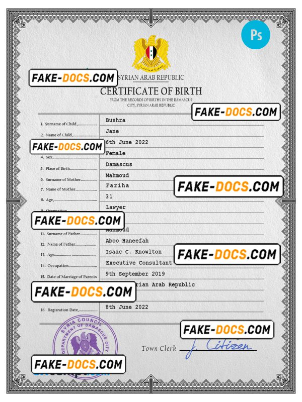 Syria birth certificate PSD template, completely editable