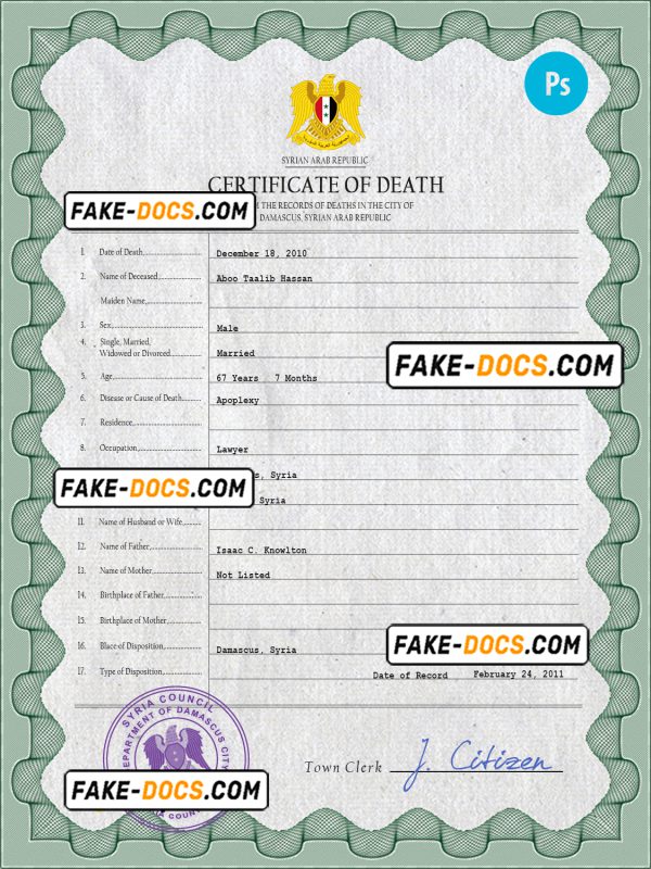 Syria vital record death certificate PSD template