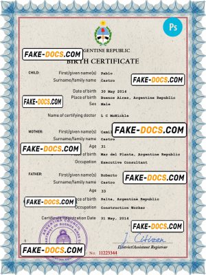 Argentina vital record birth certificate PSD template, fully editable