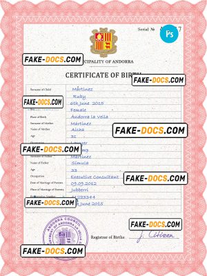 Andorra vital record birth certificate PSD template