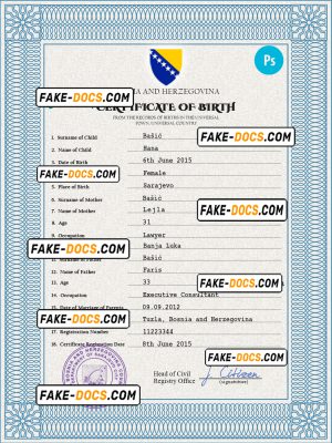 Bosnia and Herzegovina birth certificate PSD template, completely editable