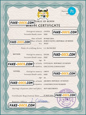 Benin vital record birth certificate PSD template, completely editable