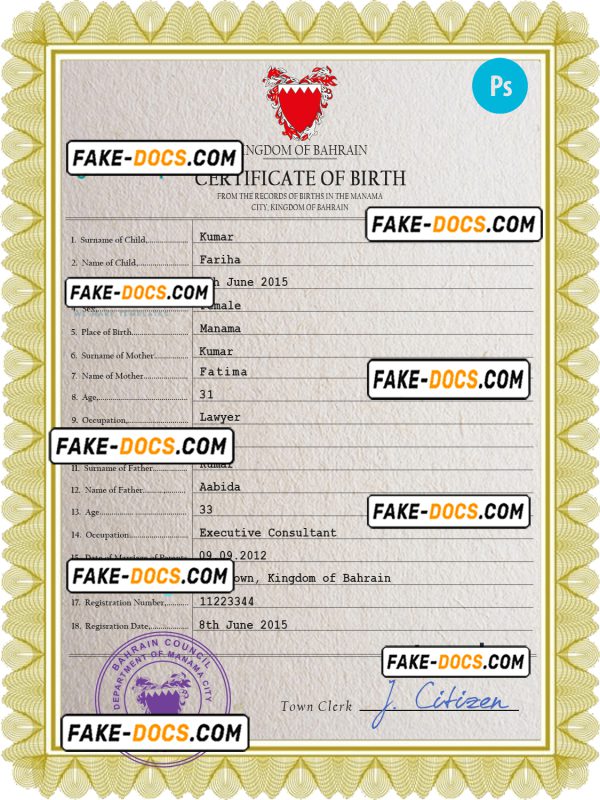 Bahamas vital record birth certificate PSD template, fully editable