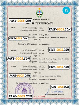 Argentina vital record birth certificate PSD template, fully editable
