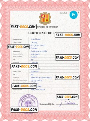Andorra vital record birth certificate PSD template