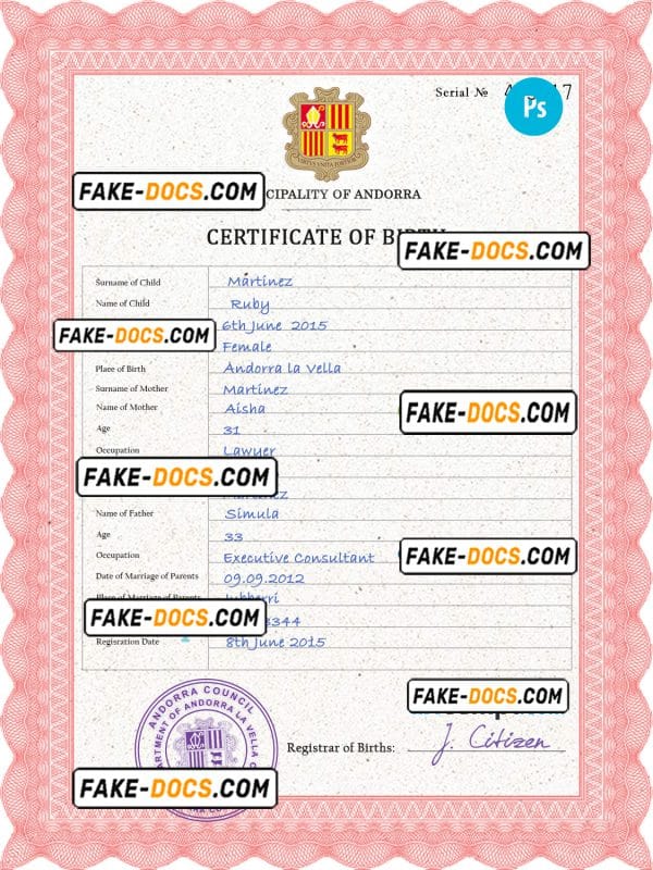 Andorra vital record birth certificate PSD template