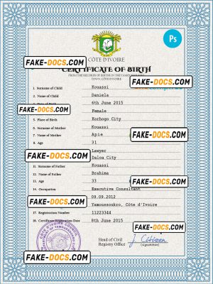 Côte d’Ivoire vital record birth certificate PSD template, fully editable
