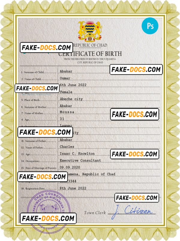 Chad vital record birth certificate PSD template, fully editable