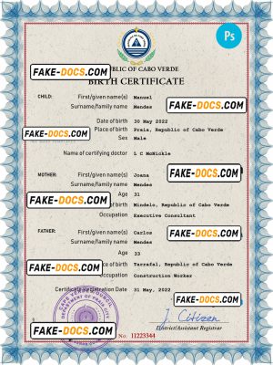 Cabo Verde vital record birth certificate PSD template, completely editable